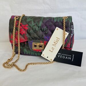 Le Miel Vegan Graffiti Printed Quilted Mini Gold Chain Purse Shoulder Bag NEW